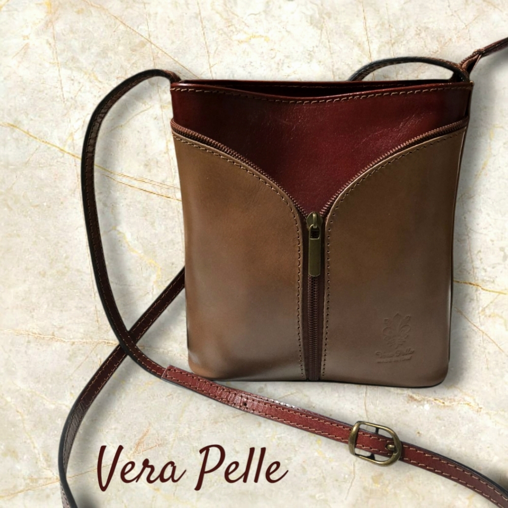 Vintage Vera Pelle Italian Leather Crossbody Bag in Brown and Burgandy